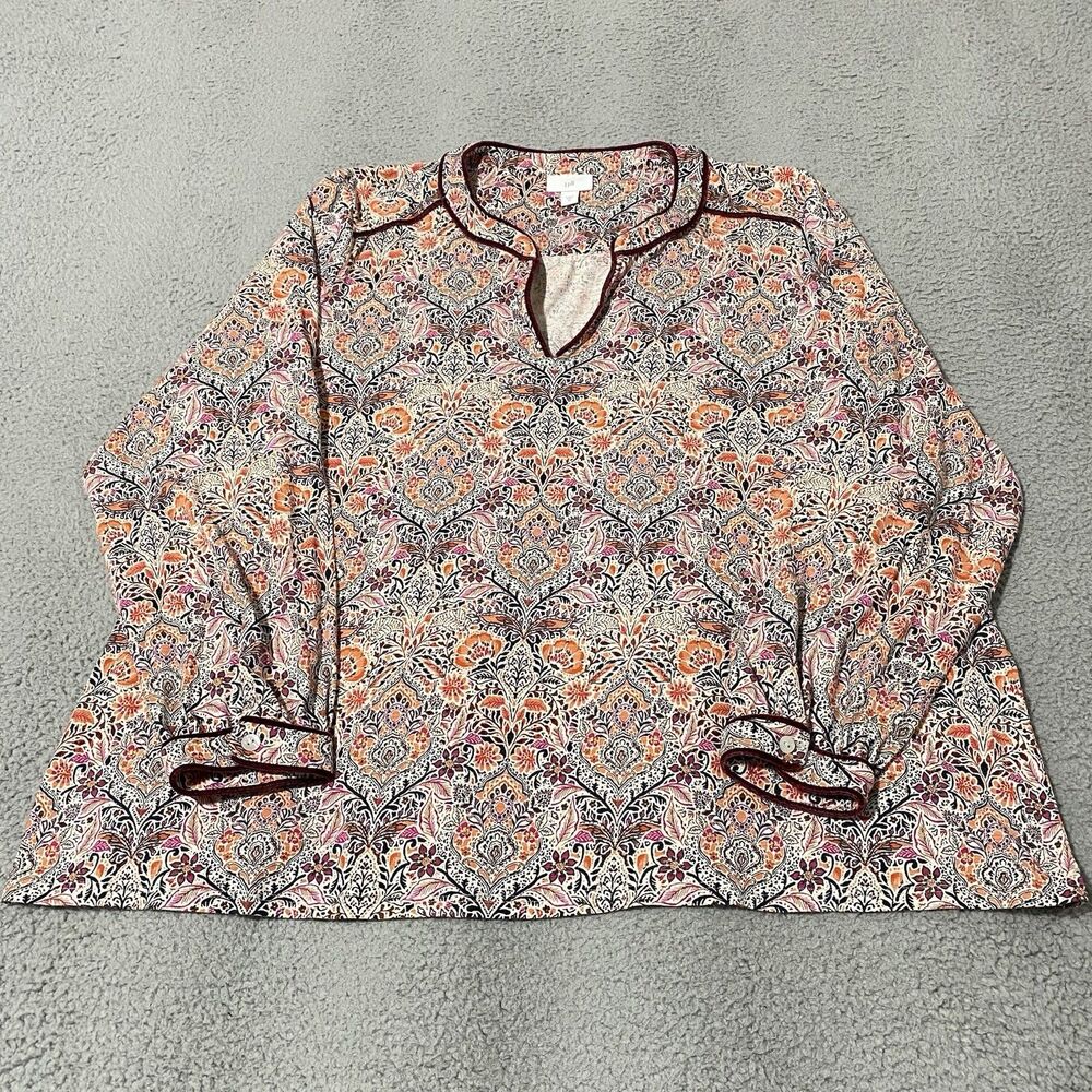 J Jill Top Womens 2X Blouse Red Orange Velvet Velour Trim Floral Hippie Boho